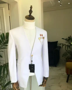 A White “Polaris” lapeless one button tuxedo Suit