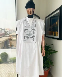 A White Precision Dropping Connected Square Embroidery Agbada