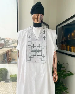 A White Precision Dropping Connected Square Embroidery Agbada