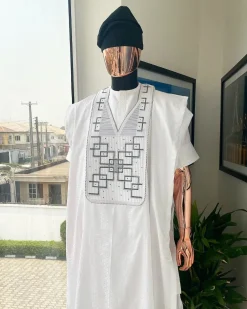 A White Precision Dropping Connected Square Embroidery Agbada