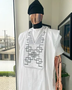 A White Precision Dropping Connected Square Embroidery Agbada