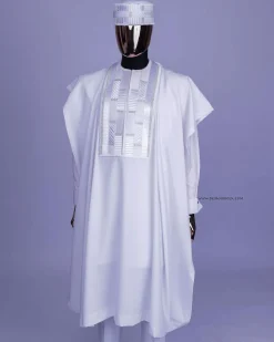 A White, Related Lines Embroidery, Silver Crystal Swarovski Stones Detailing agbada