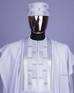 A White, Related Lines Embroidery, Silver Crystal Swarovski Stones Detailing agbada