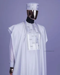 A White, Related Lines Embroidery, Silver Crystal Swarovski Stones Detailing agbada