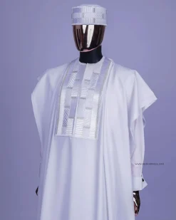 A White, Related Lines Embroidery, Silver Crystal Swarovski Stones Detailing agbada