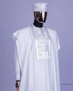 A White, Related Lines Embroidery, Silver Crystal Swarovski Stones Detailing agbada