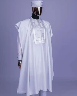A White, Related Lines Embroidery, Silver Crystal Swarovski Stones Detailing agbada