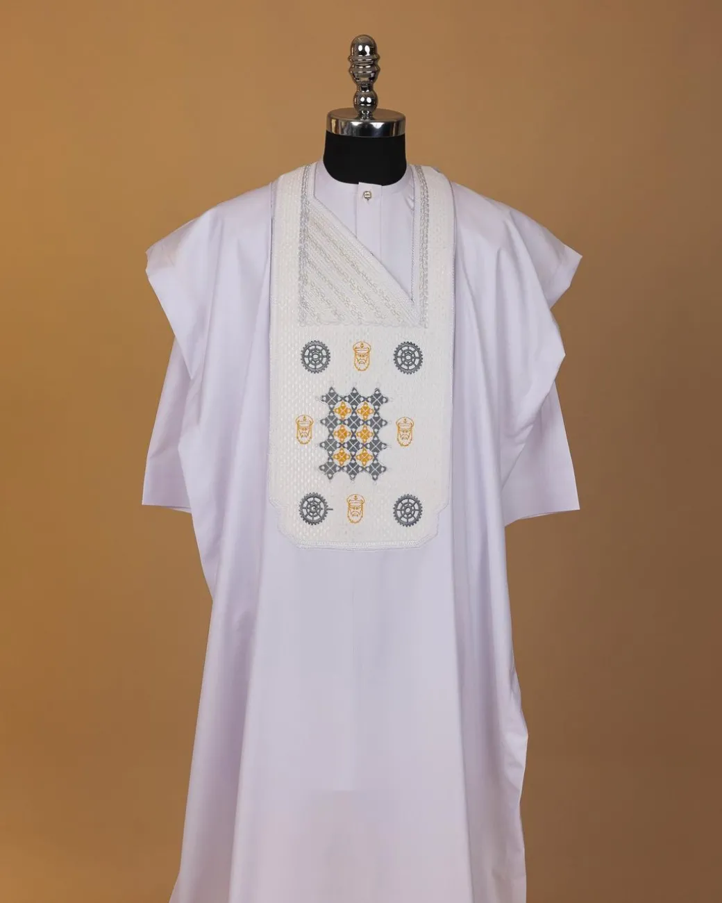 A White, Rings, Merchant Head And Interconnected Star Embroidery Agbada