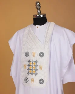 A White, Rings, Merchant Head And Interconnected Star Embroidery Agbada