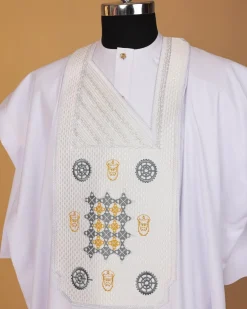 A White, Rings, Merchant Head And Interconnected Star Embroidery Agbada