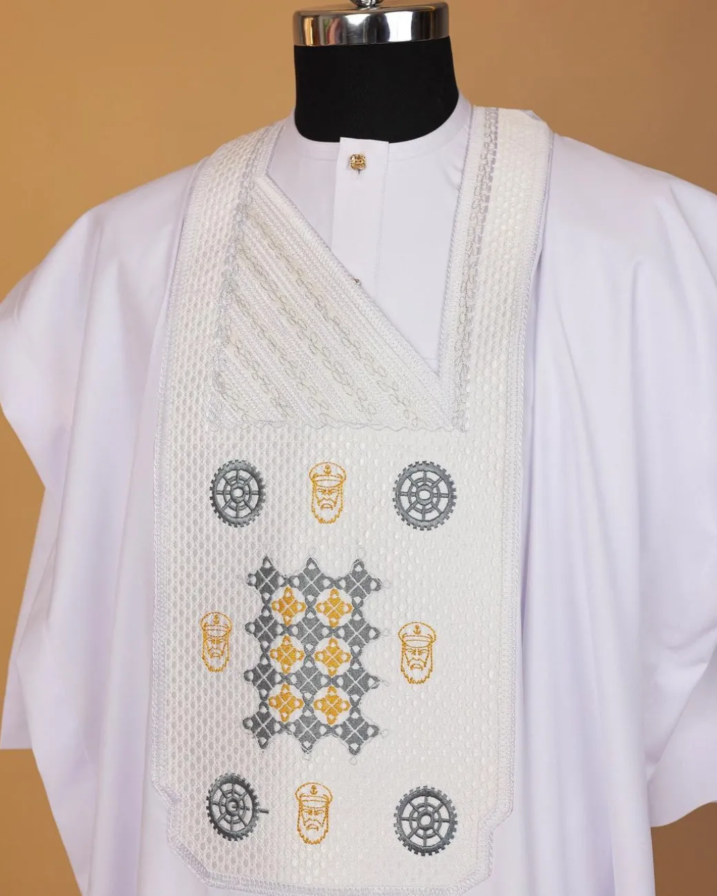 A White, Rings, Merchant Head And Interconnected Star Embroidery Agbada