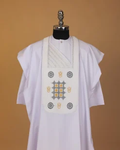 A White, Rings, Merchant Head And Interconnected Star Embroidery Agbada