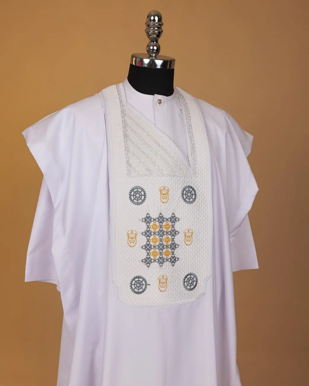 A White, Rings, Merchant Head And Interconnected Star Embroidery Agbada