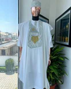 A White, roaring tiger metallic wire embroidery details Agbada