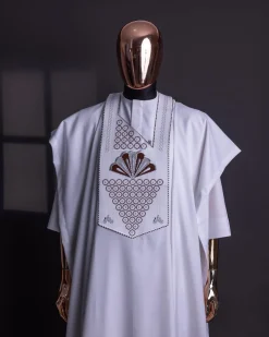 A White, scattered pointed zeros with keke Elemu embroidery details agbada