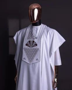 A White, scattered pointed zeros with keke Elemu embroidery details agbada