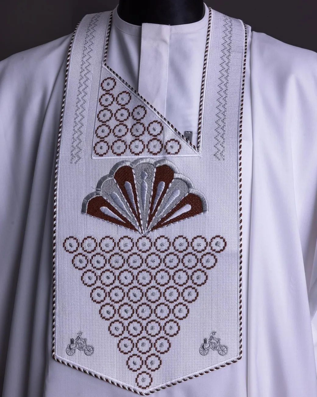 A White, scattered pointed zeros with keke Elemu embroidery details agbada