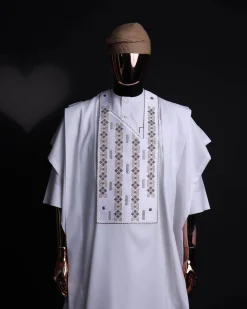 A white, shattered interwoven embroidery with Swarovski stones details agbada