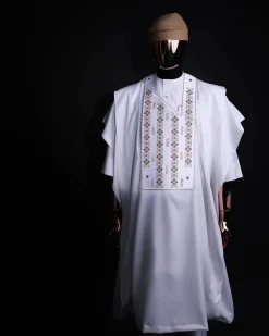 A white, shattered interwoven embroidery with Swarovski stones details agbada
