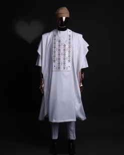 A white, shattered interwoven embroidery with Swarovski stones details agbada