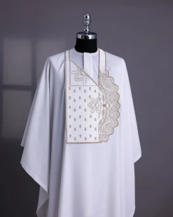 A White, Sided Pagoda Embroidery Details Agbada