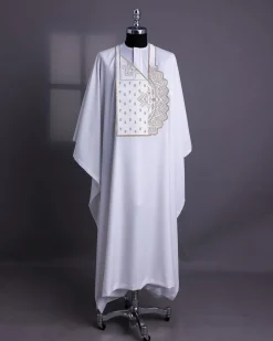 A White, Sided Pagoda Embroidery Details Agbada