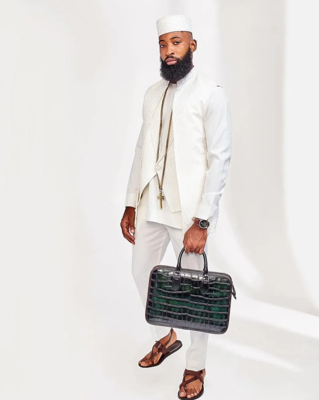A White Slide-Neck African Kaftan, Jacquard Jacket, Trench