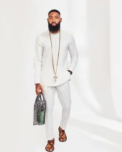 A White Slide-Neck African Kaftan, Jacquard Jacket, Trench