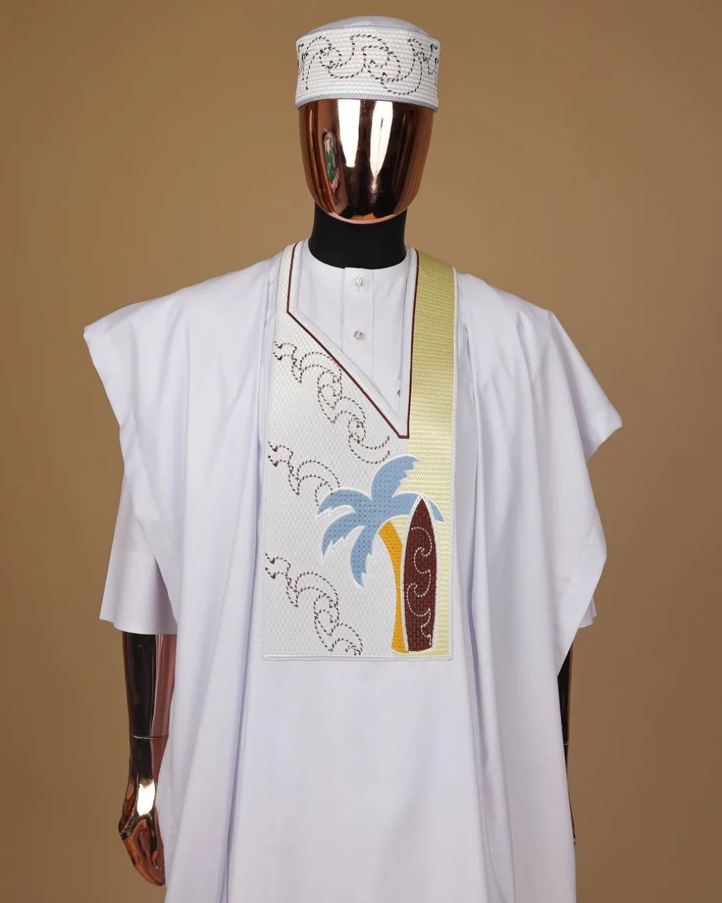 A White, summer time and splashed metallic wire embroidery details agbada