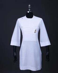 A White T shaped line with Swarovski buttons, leaf embroidery patch pocket, 3/4 sleeve African senator kaftan native.
