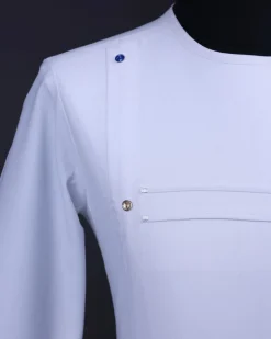 A White T shaped line with Swarovski buttons, leaf embroidery patch pocket, 3/4 sleeve African senator kaftan native.