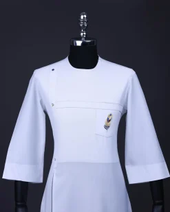 A White T shaped line with Swarovski buttons, leaf embroidery patch pocket, 3/4 sleeve African senator kaftan native.