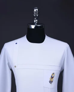 A White T shaped line with Swarovski buttons, leaf embroidery patch pocket, 3/4 sleeve African senator kaftan native.