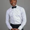 A White, Tuxedo Shirt With Dotted Front, Crystal & Black Swarovski Stone Detailing.