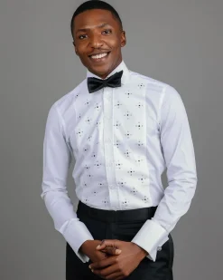 A White, Tuxedo Shirt With Dotted Front, Crystal & Black Swarovski Stone Detailing.