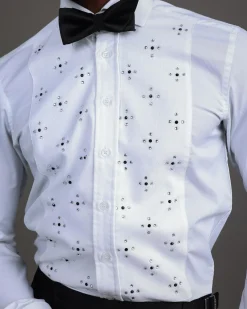 A White, Tuxedo Shirt With Dotted Front, Crystal & Black Swarovski Stone Detailing.