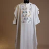 A White, walking “The Beatles” canvas wire embroidery design with ss30 and ss20 gold, Blue and grey Swarovski stone details agbada