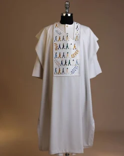 A White, walking “The Beatles” canvas wire embroidery design with ss30 and ss20 gold, Blue and grey Swarovski stone details agbada
