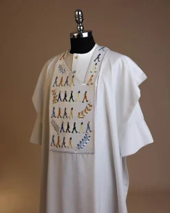 A White, walking “The Beatles” canvas wire embroidery design with ss30 and ss20 gold, Blue and grey Swarovski stone details agbada