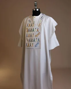A White, walking “The Beatles” canvas wire embroidery design with ss30 and ss20 gold, Blue and grey Swarovski stone details agbada