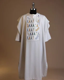 A White, walking “The Beatles” canvas wire embroidery design with ss30 and ss20 gold, Blue and grey Swarovski stone details agbada