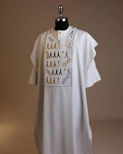A White, walking “The Beatles” canvas wire embroidery design with ss30 and ss20 gold, Blue and grey Swarovski stone details agbada