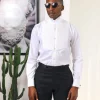 A White, wing collar, pleated evening tuxedo shirt