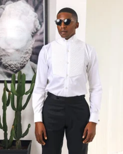 A White, wing collar, pleated evening tuxedo shirt