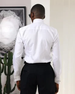 A White, wing collar, pleated evening tuxedo shirt