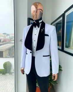 A White With Black Velvet Shawl Lapel Tuxedo Suit