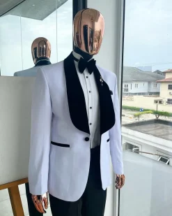 A White With Black Velvet Shawl Lapel Tuxedo Suit