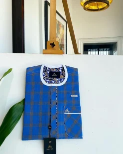 A window pane check, Front Flap, Curved Patch pocket details African traditional senator kaftan native.