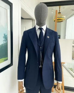 A Windowpane Check, Navy Blue – Nobility – “Board Room” Peak Lapel Suit