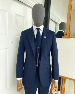 A Windowpane Check, Navy Blue – Nobility – “Board Room” Peak Lapel Suit